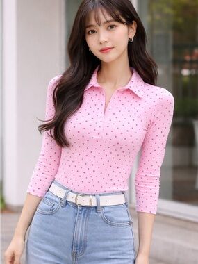 Morgan de Toi Pink Polo-Style Long Sleeve Top with Red Dot Print